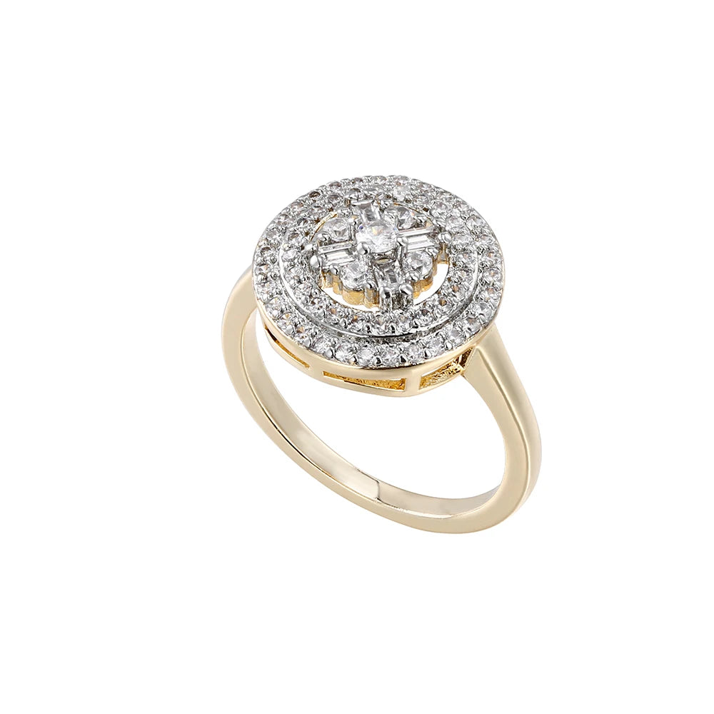 Round two-color design inlaid zircon earrings and rings set fashion jewelry holiday party banquet exquisite gift three-piece set