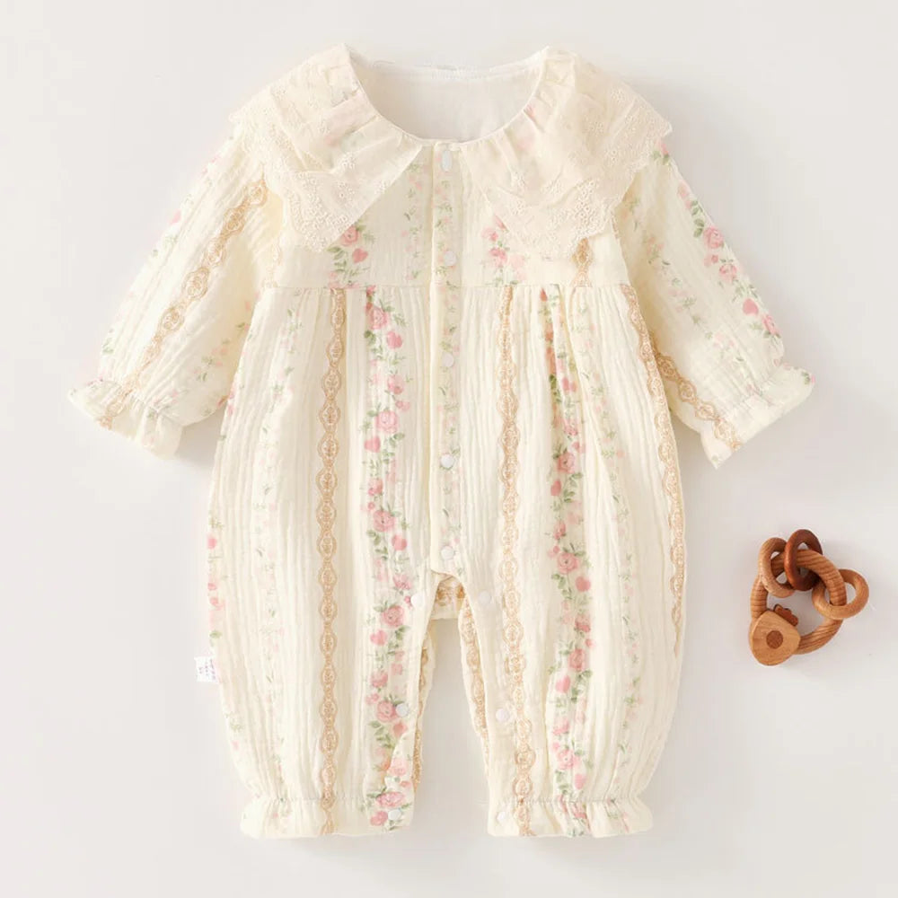 Gauze Baby Rompers Girls Floral Dot Print Peter Pan Collar Newborn Clothing Spring Autumn Infant Girl Long Sleeve Jumpsuit