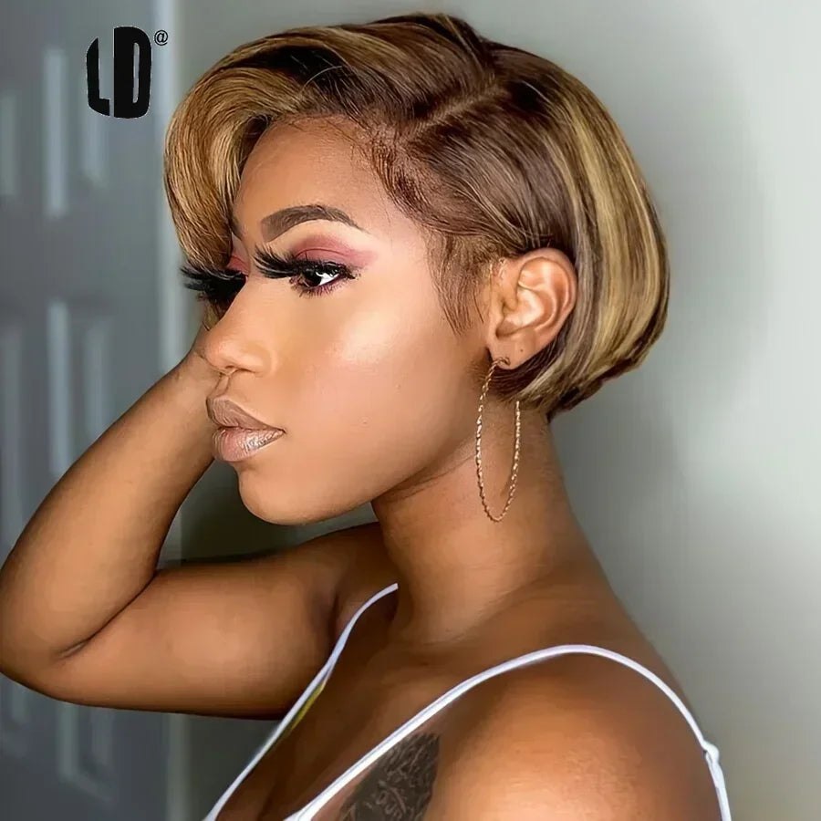 13x4 Lace Front Pixie Cut Bob Wig Highlight Honey Blonde Ombre Brazilian Remy Human Hair Pre‑Plucked Natural Hairline Soft
