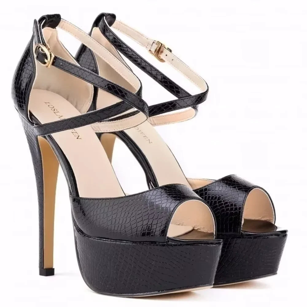 Women Sandals Stilettos Summer Sexy Peep Toe Leather Buckle Platform Pumps 14cm Extremely High Heels Party Dress Wedding Shoes