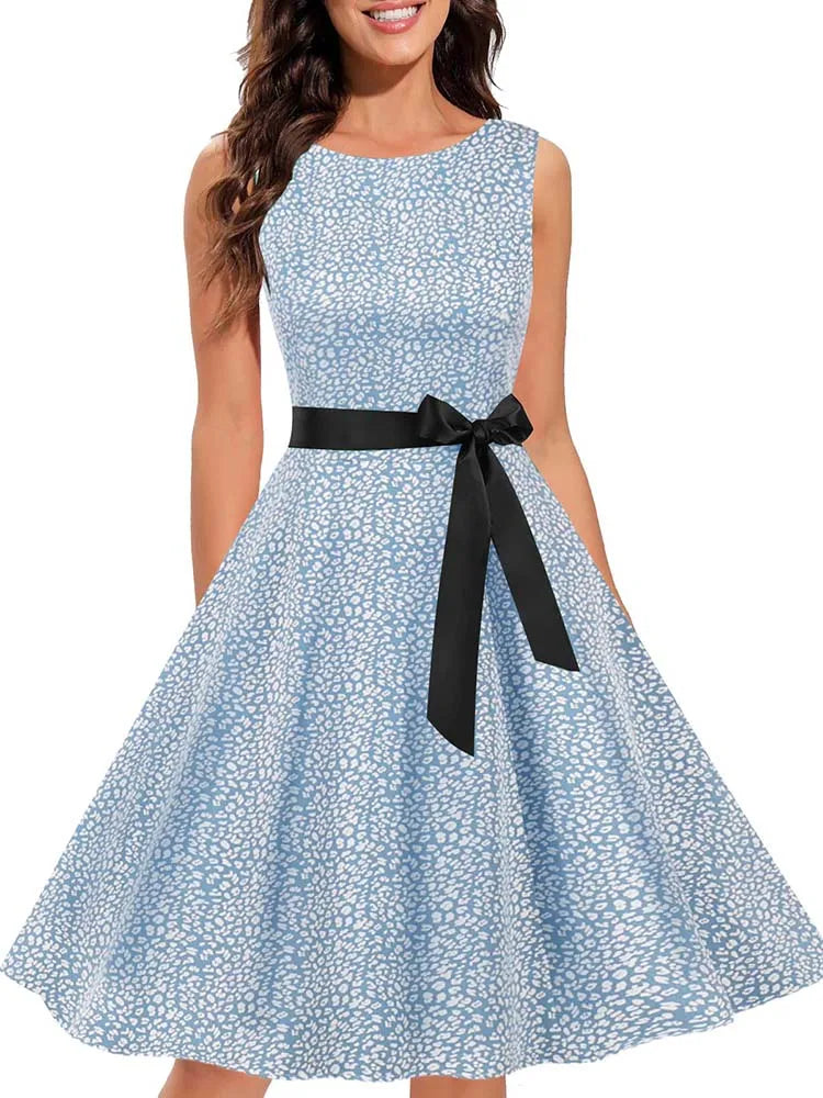 Sleeveless Floral Print Summer Dress Women Elegant Vintage Casual O Neck A Line Midi Party Sundress Vestidos With Belt