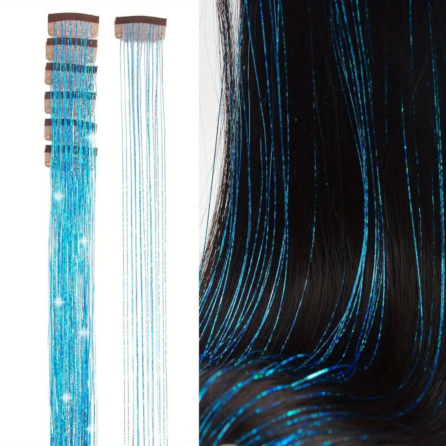 6Pcs Hair Tinsel Clip in 19.6Inch Glitter Synthetic Tinsel Hair Clip in Hair Tinsel Kit Heat Resistant Shiny Sparkle Fairy Hair