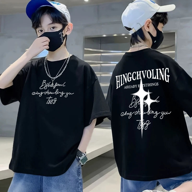 Summer 100% Cotton Boys Blue T-shirt Cool Graffiti Printed Girls Tees Short Sleeve Children Tops High Quality Kids Clothes 2024