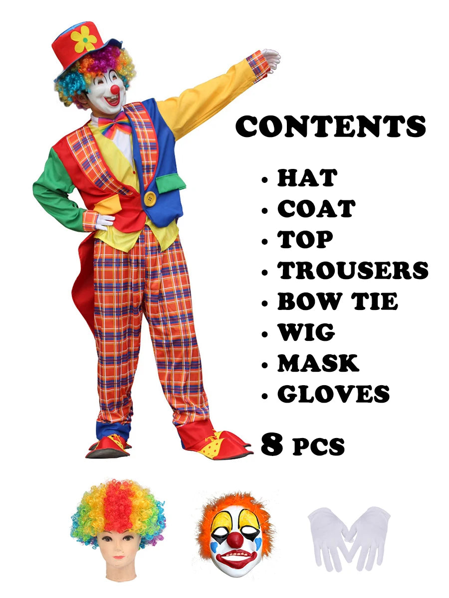 Halloween Costumes Kids Adults Circus Clown Joker Cosplay Outfits Colorful Fancy Clothes Party Entertaining Dress Up