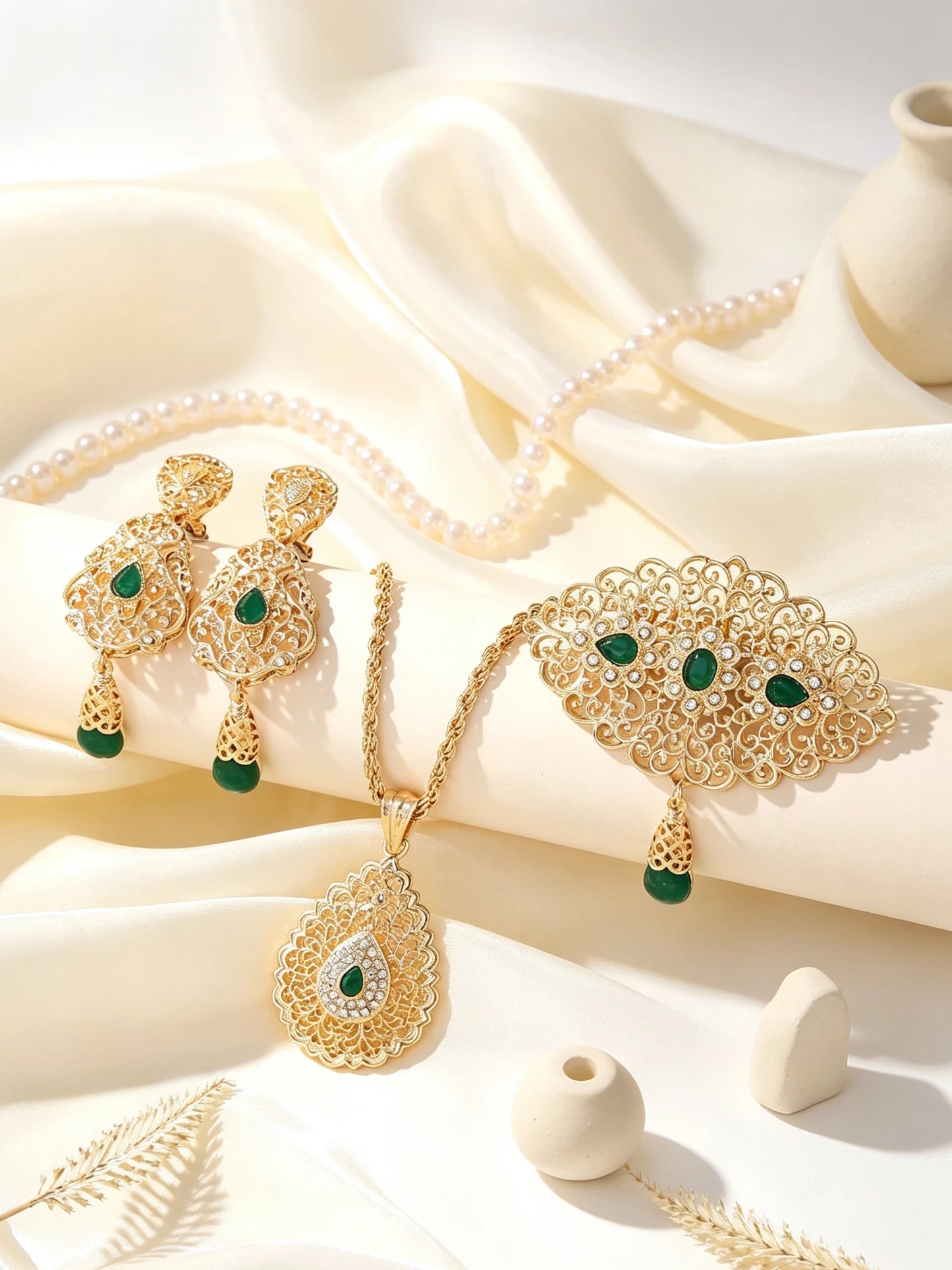 Moroccan Gold Jewelry Set Filigree Pendant Necklace Earrings Brooch For Women Arabic Wedding Party Zinc Alloy Ornament Gift