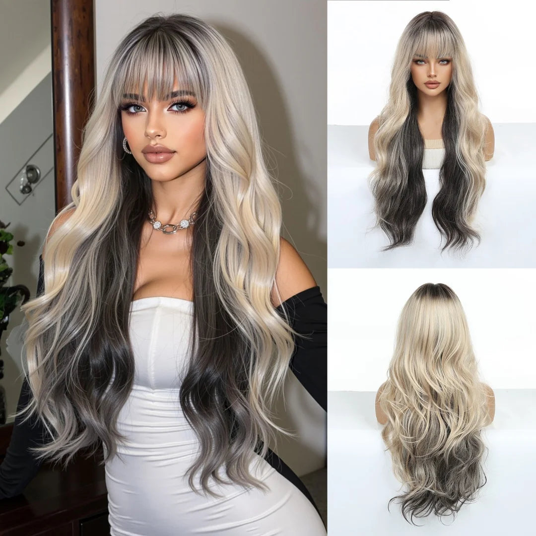 EASIHAIR Long Wavy Synthetic Wigs Natural Ombre Brown Wig with Bangs for Women Daily Cosplay Party Use Heat Resistant Fiber