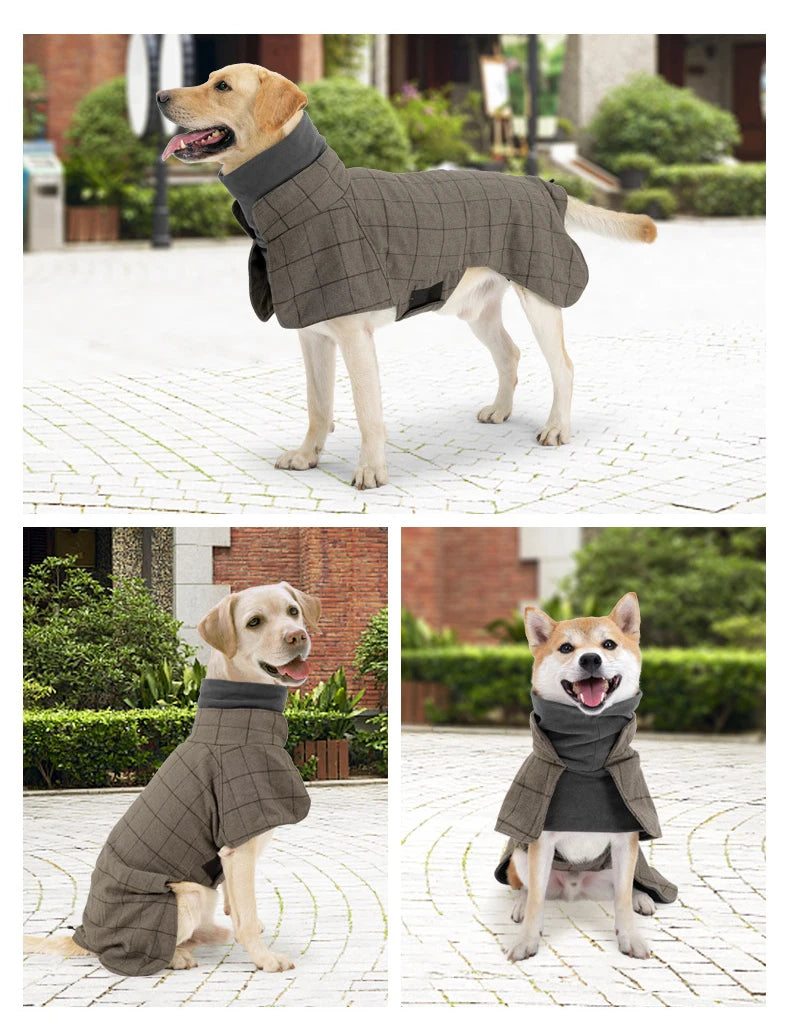 Thickened British Style Luxury Designer Dog Clothes High-neck Fashionable Plaid Dog Jacket with Leash Hook Large Dogs Dresses