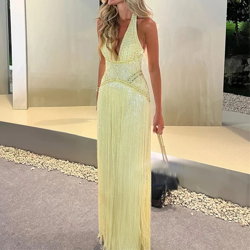 New 2026 Women's Banquet President Dress Fashion Sequin Tassel Slim Cocktail Dress Elegant Temperament Off Shoulder Strap Dress