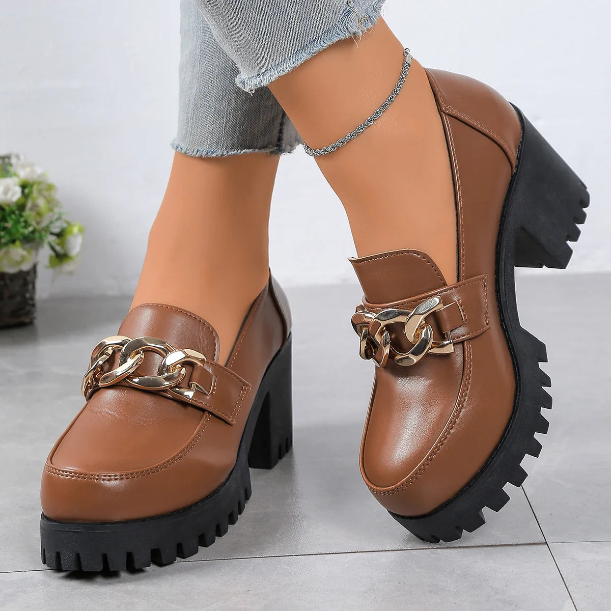 Women's Large Size Thick Heel Slip-On round Toe Leather Shoes Spring Autumn New Style Korean Style PU Leather Mid Heel