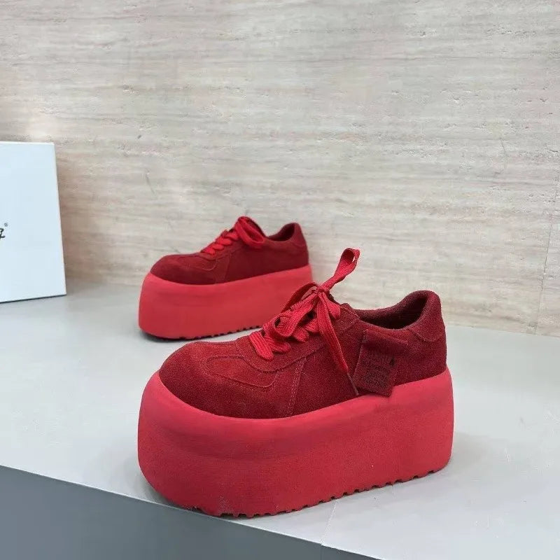 Spliced Platform Sneakers Spring New Round Toe Lace-Up Non-Slip Heightened Low-Top Single