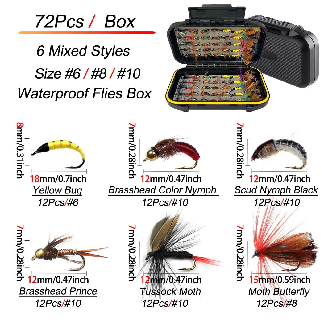 24-100Pcs Dry/Wet Flies Handmade Fly Fishing Artificial Fly Baits Lures Fly Assortment Trout Bass Fishing, with Flies Box