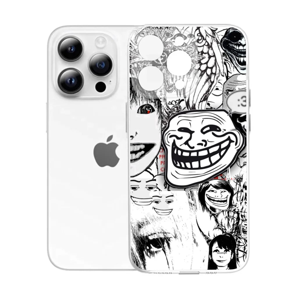 Funny T-Trollfaces Comics Memes Phone Case For iPhone 17 Air 16 e 15 14 13 12 11 Pro Max Plus Transparent Silicone Soft Cover
