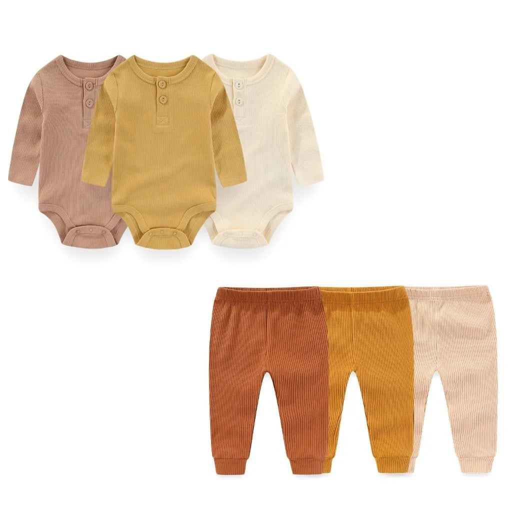 6 Pcs Cotton Bodysuits+Pants Long Sleeve Newborn Baby Girl Clothes Sets Spring Print Baby Boy Clothes Solid Color 0-12M Autumn