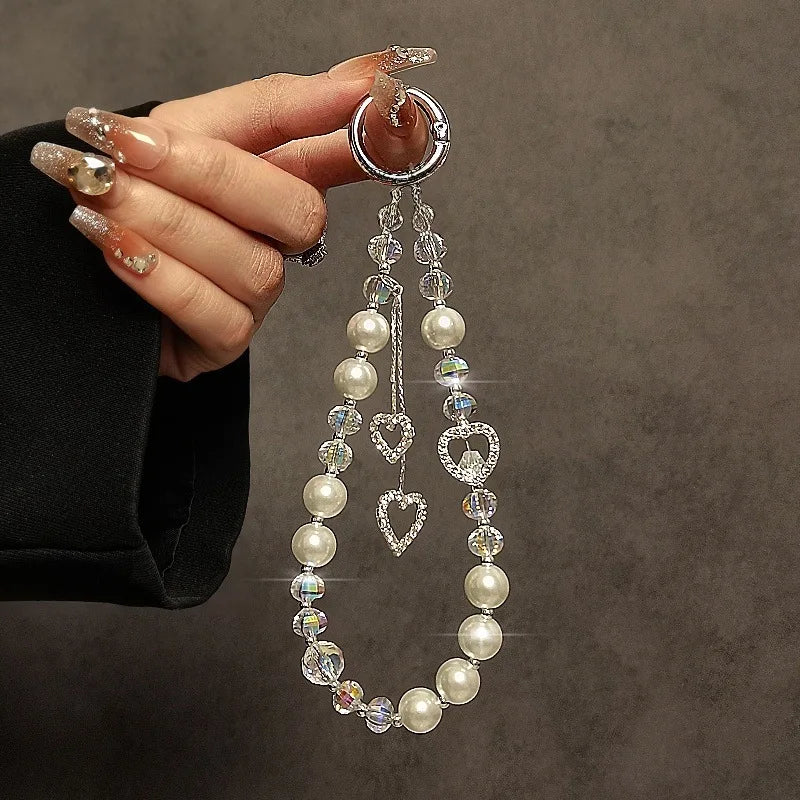 Fashionable Light Luxury Beaded Crystal Mobile Phone Chain Pendant Rhinestone Love Pendant Pearl Mobile Phone Lanyard Wrist Hand