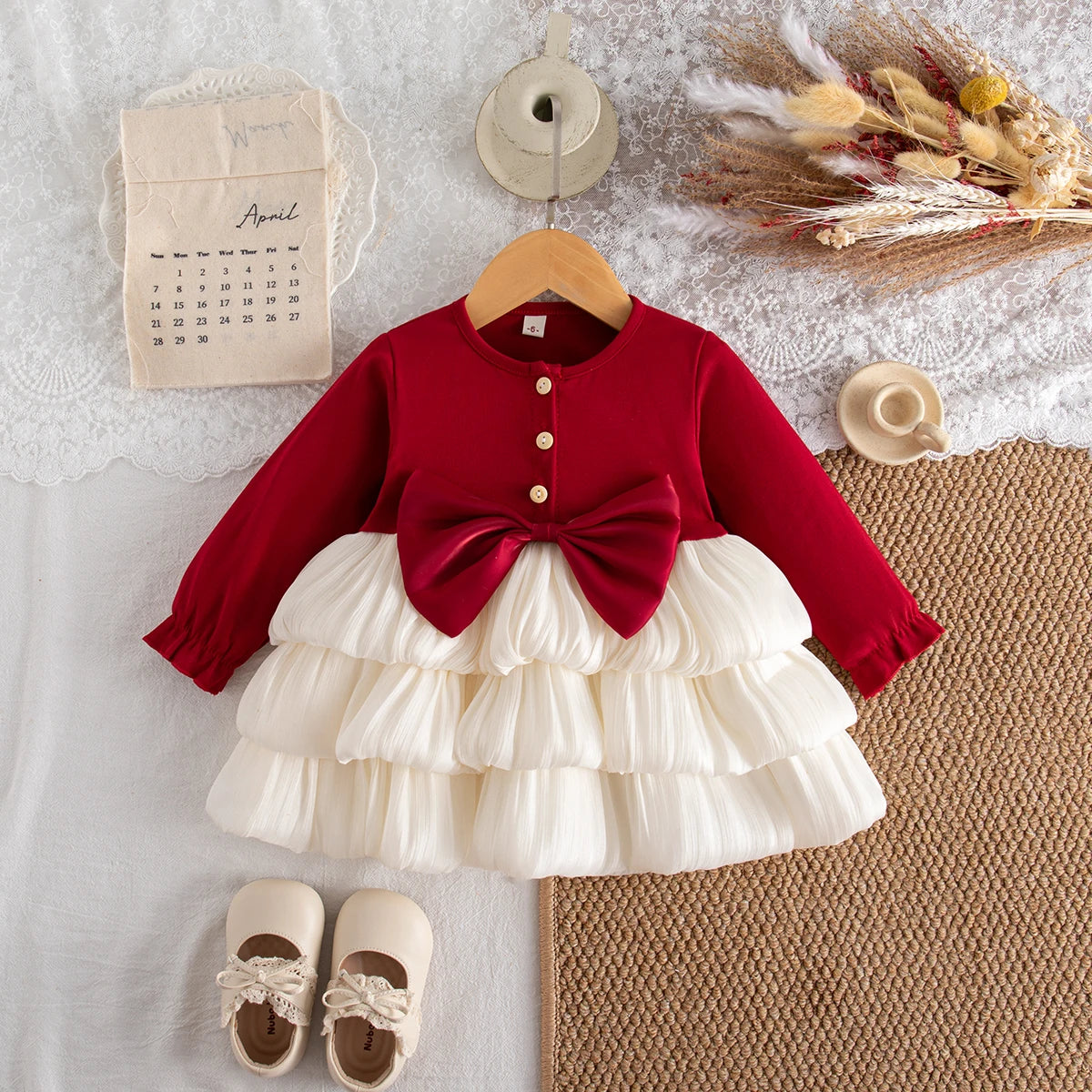 Baby Girl Dress Spring/Fall Red Long-Sleeve Bow Girls Dress Adorable Christmas Baby Dress Baby Girl Clothing