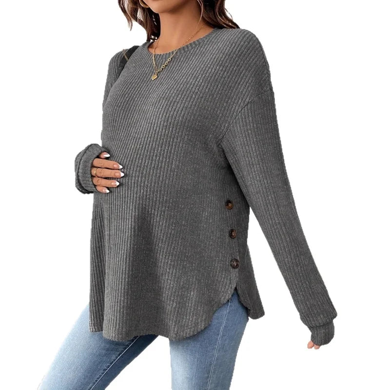 Pregnant Women's New Top For Autumn And Winter Casual Pullover Round Neck Long Sleeved Button Sweater