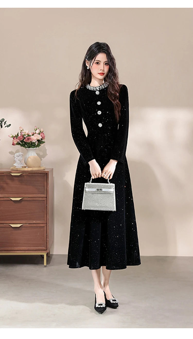 Formal Occasion Black Shiny Slim Long Evening Dress Women Clothes Elegant Luxury Lady Fashion Party Prom Birthday Vestids Retro