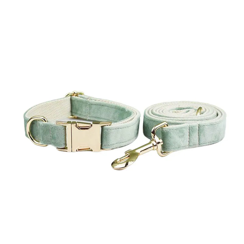 Mint Green Velvet Dog Collar And Leash Set For Dogs Custom Engraved Nameplate Pet Supplies Dog Leash Velvet 17