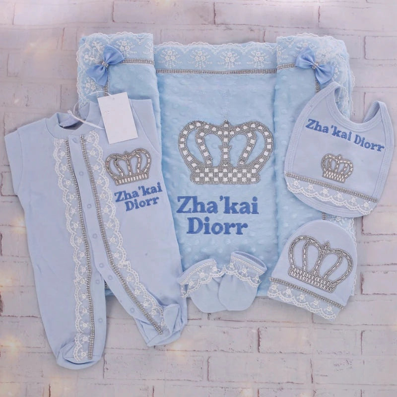 5pcs Newborn Baby Embroidery Lace Romper Outfit Clothing Cotton Infant Wrapped Baby Products Pants Mittens Receiving Blanket