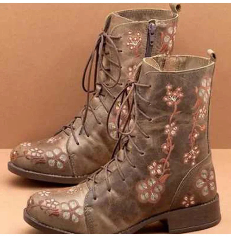 Woman Ankle Boots Embroidery Big Size Flower Boots 2023 Women Autumn Winter Lace Up PU Leather Female Footwear Ladies Shoes