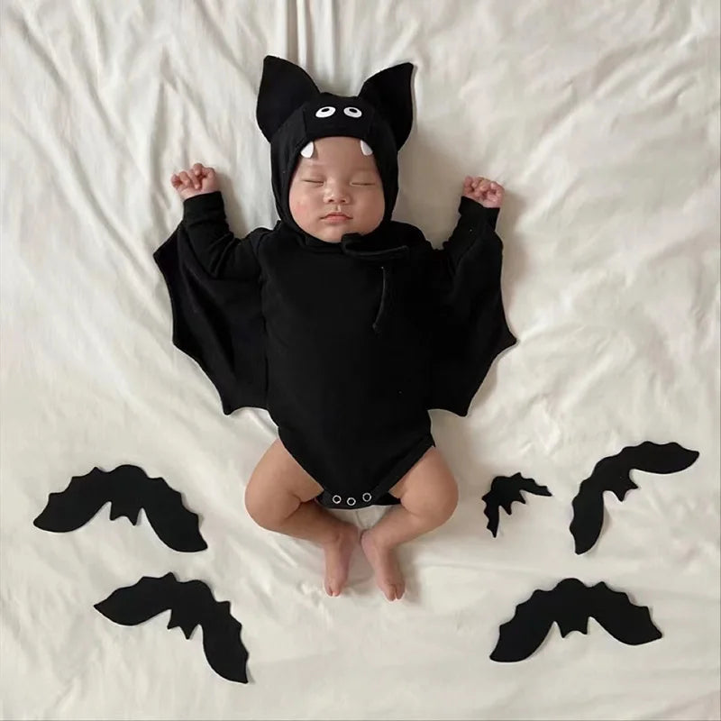 2025 New Baby Halloween Clothes Set Boys Girls Cute Bat Sleeve Bodysuit + Hat Toddler Fashion Kids Halloween Party Clothing
