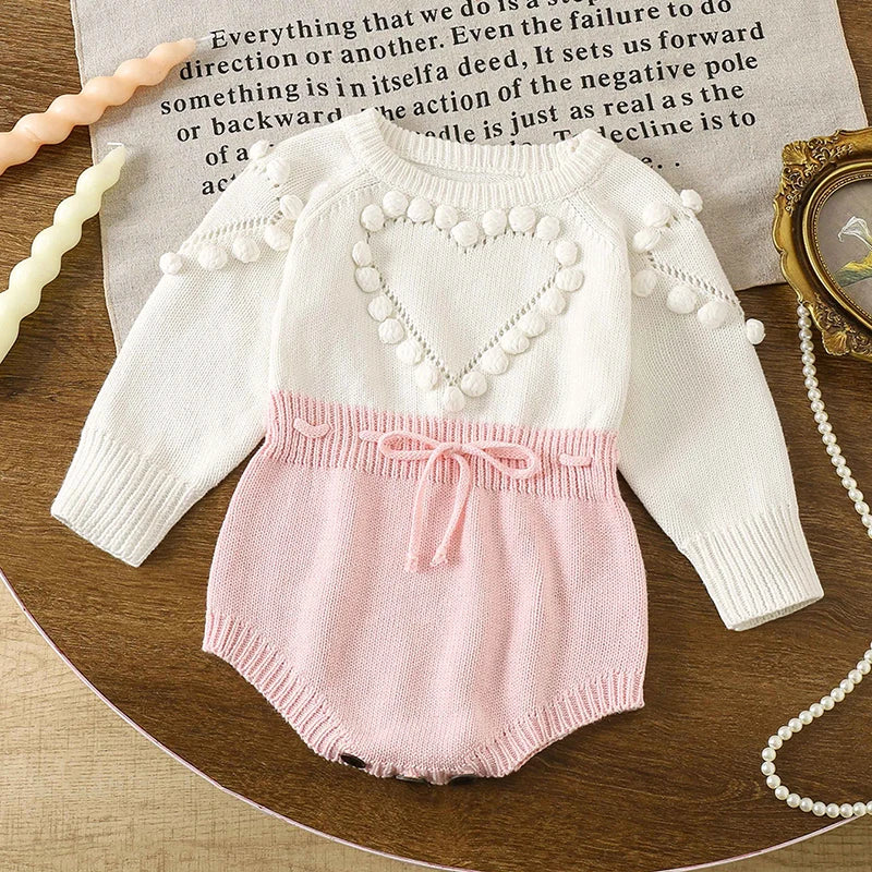 Autumn Lovely Heart Jumpsuit Infant Baby Girl Knitted Clothes Love Romper Bodysuit Outfit Spring Cotton Knitted Sweater Bodysuit