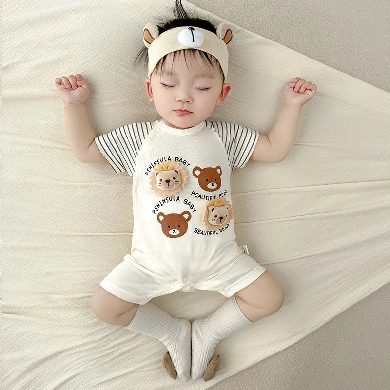 Gender-Neutral Baby Summer Lightweight 3D Lion Head Romper Cute Toddler Striped Short-Sleeve Cozy Outdoor Onesie