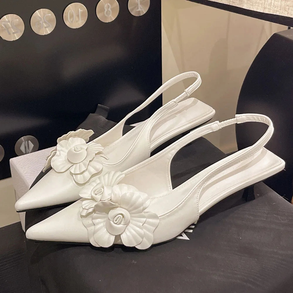 2025 Size 42 Vintage y2k Flowers Black Pointy Toe Slingback Pumps Cross-strap Summer 5cm Kitten Heels White Lady Shoes Women