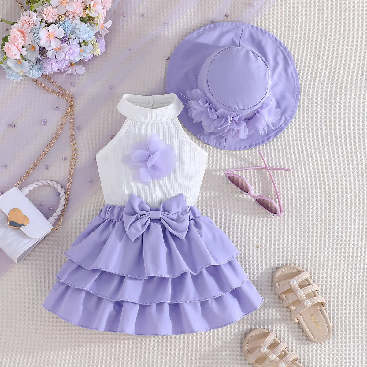 Toddler Girl Outfit Sets Sleeveless Turtleneck Fixed Flower T-shirt+Layered Skirt+Sun Hat Summer 3pcs Sets For Baby Girl Clothes