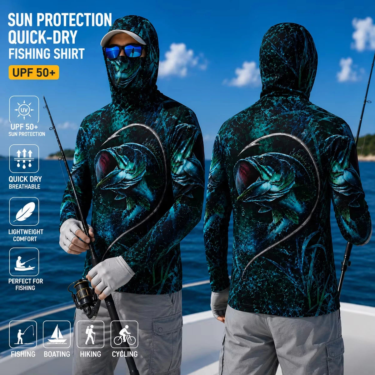 MALFC Men Hood Fishing Shirt long sleeve fishing t shirt uv protection Fishing Apparel