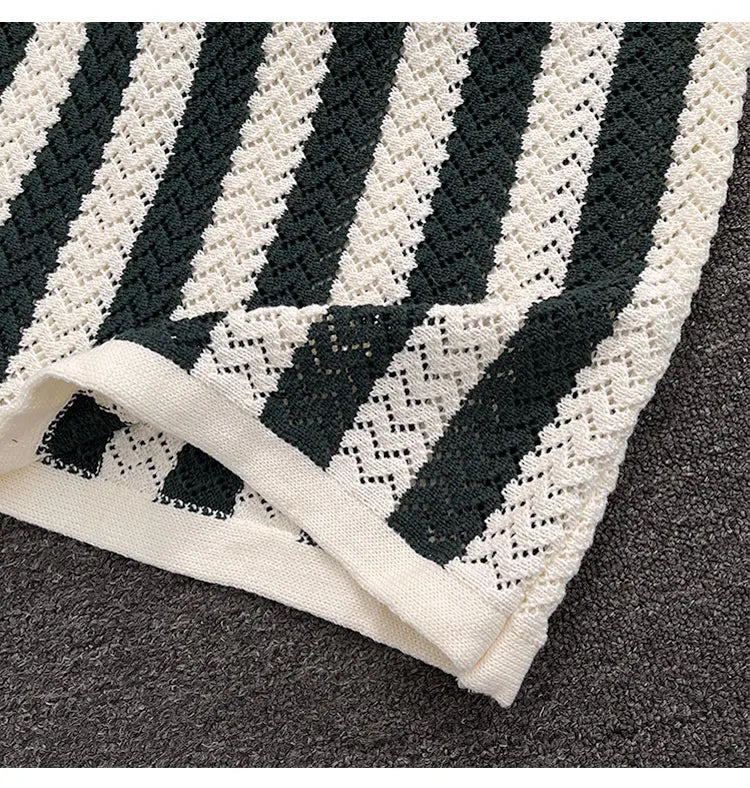 Men's Short Sleeve Shirt Knitted Hollow out V-Neck Summer Breathable Stripe Pattern Versatile Casual T-Shirt