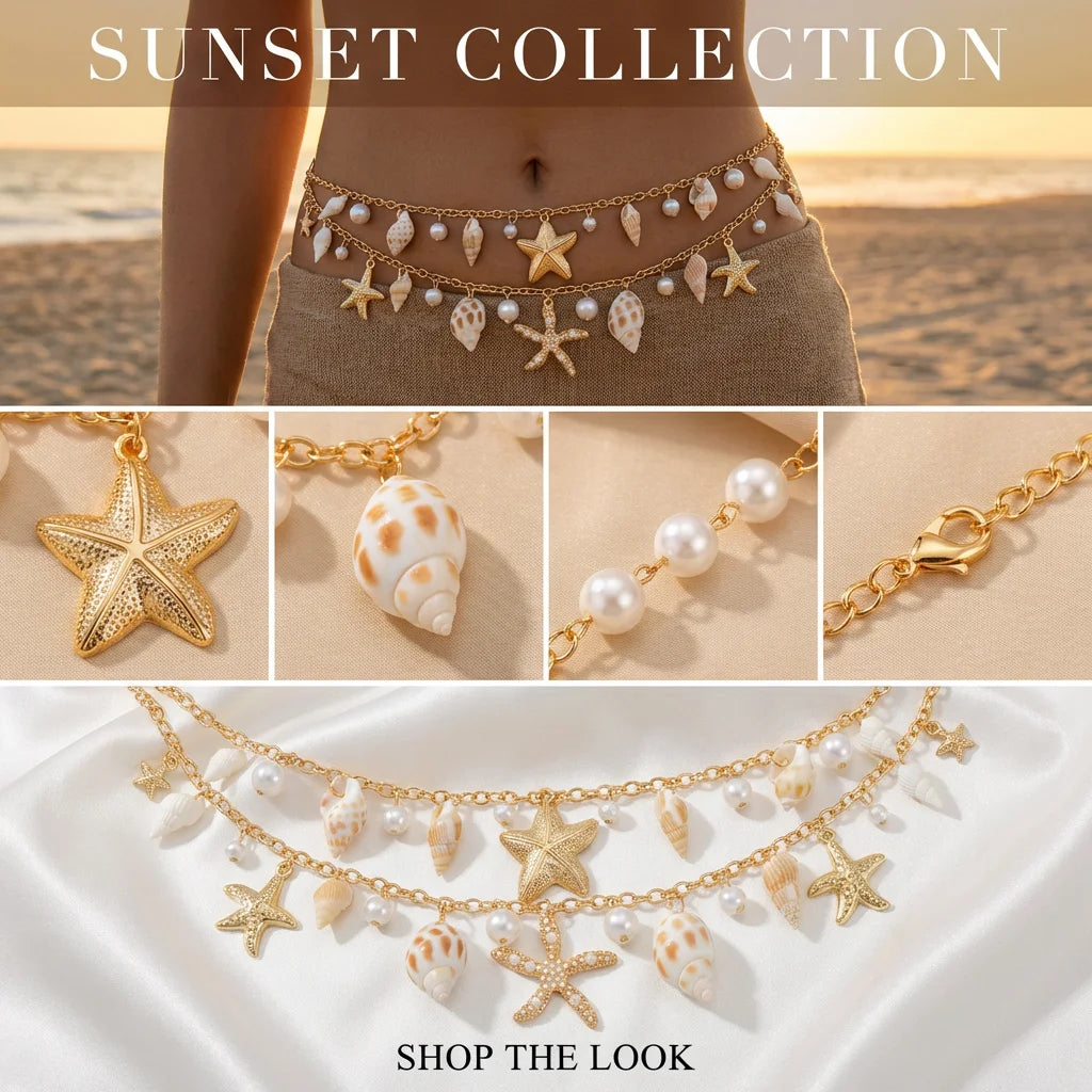 Bohemia Sexy Double Layer Starfish Scallop Shell Waist Belly Chain For Women Fashion Imitation Pearl Conch Body Chain Jewelry