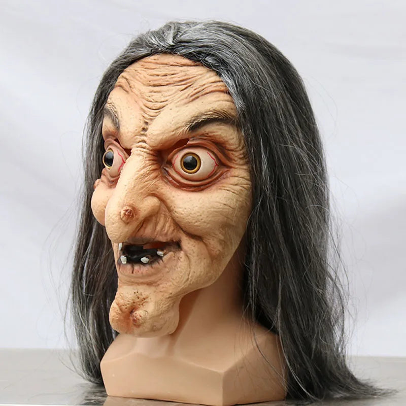 Halloween Old Witch Latex Mask with Long Hair Scary Ghost Face Costume for Party Cosplay & Roleplay