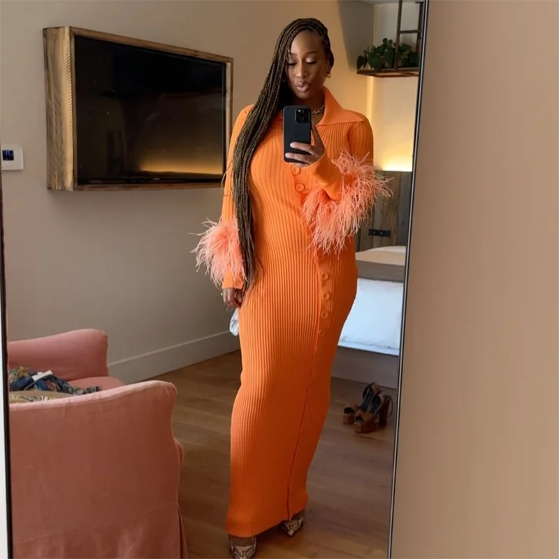 Sexy Knitted Fur Long Party Dress Women Solid Patchwork Full Sleeve V-neck Single Breasted Slim Dresses 2025 Fashion Evening Rob