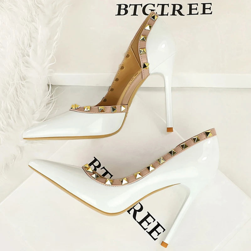 BIGTREE Shoes Rivet Design Women Pumps Patent leather High Heels 10.5 CM Stiletto Sexy party Shoes Women Heels Large size 43