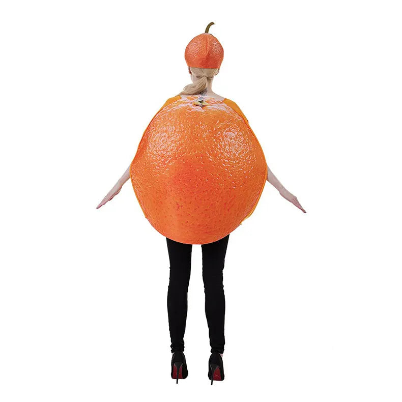 Halloween fun fruit slice costume for adults - wearing an orange outfit as a vegetable at a party in a bar for a performance.