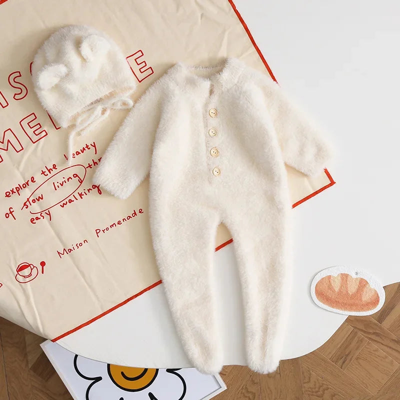 HoneyCherry Baby Solid Color Footies Cute Footed Hoodie Plush Pajamas Homewear Baby Clothes