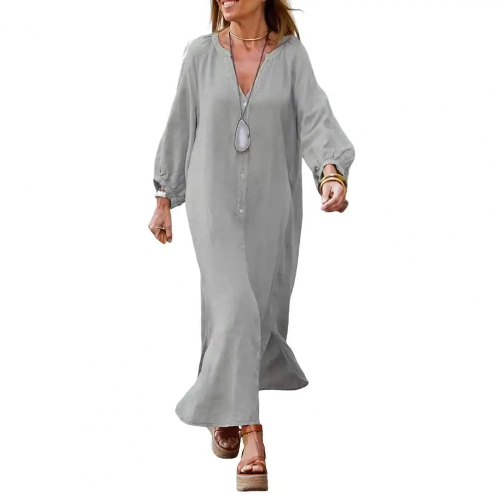 Spring Autumn Women Long Dress Loose Button-down 3/4 Sleeves Maxi Dress Pure Color V Neck Cardigan Casual Dress For Daily Wear