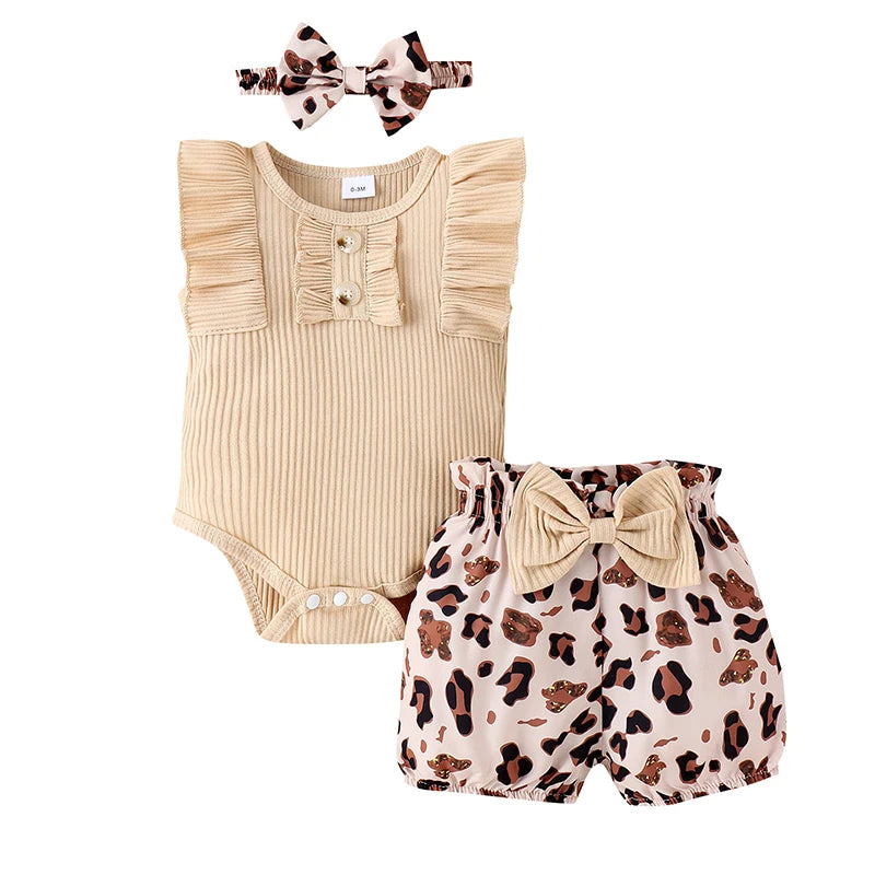 Baby Girl Summer Set Sleeveless Frill Trim Ribbed Romper Elastic Waist Shorts Bow Headband Infant Toddler 3 Piece Outfit