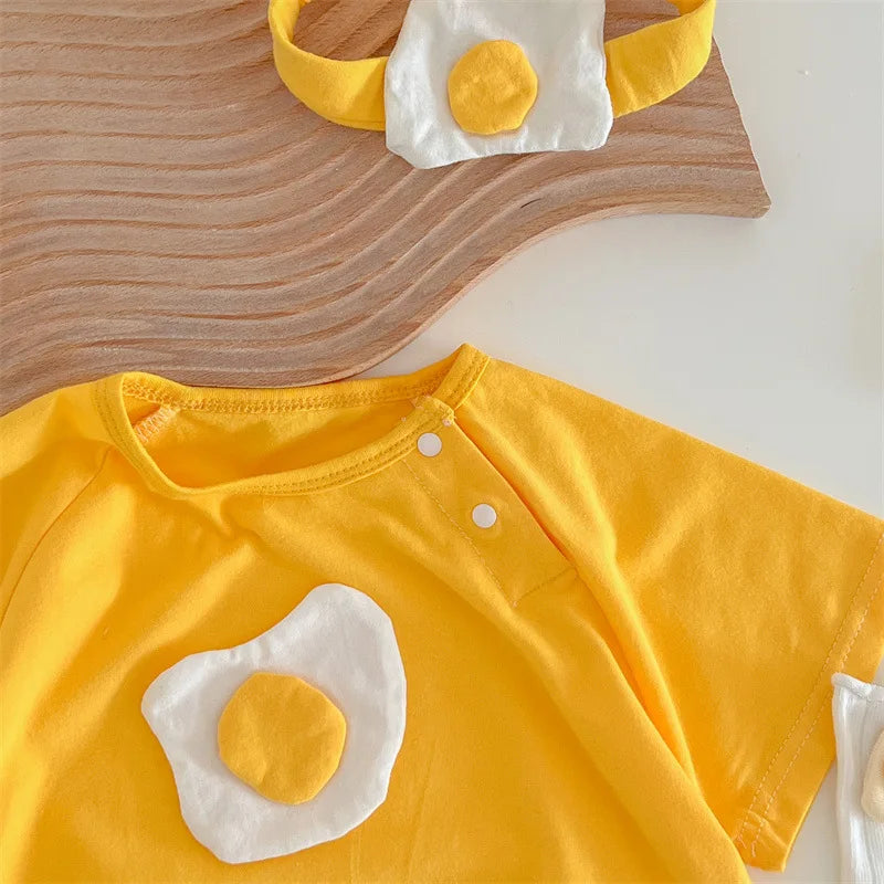 Summer Baby Newborn Romper Fried Egg with Headband Yellow Toddler Clothing Short Sleeve Infant Bodysuit Set 0-2Y Cute Jumpsuit