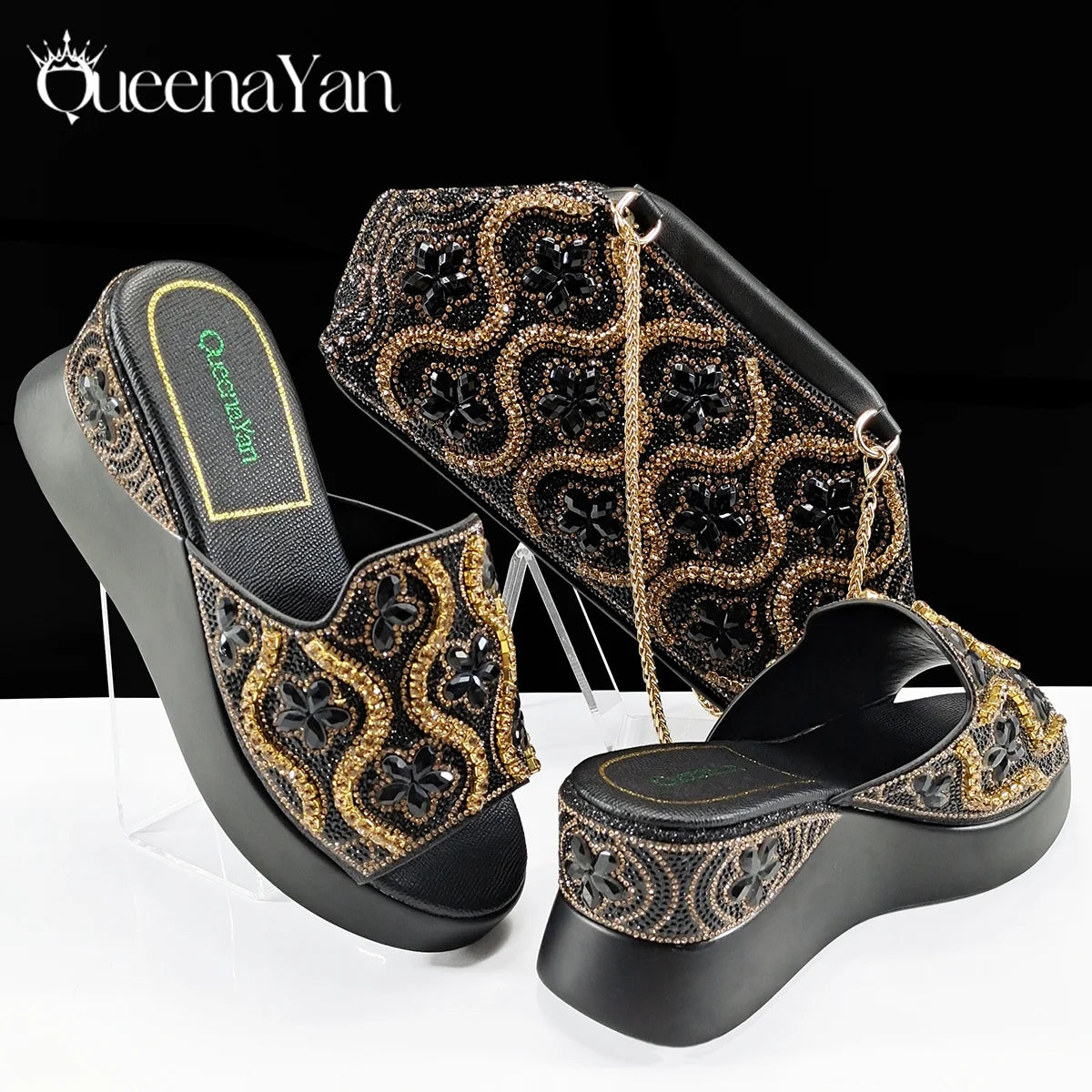 Queena Yan Popularity Open Toe Luxury Fashion Women High Heels Shoes and Bags Set With Rhinestone for Wedding Party Elegant
