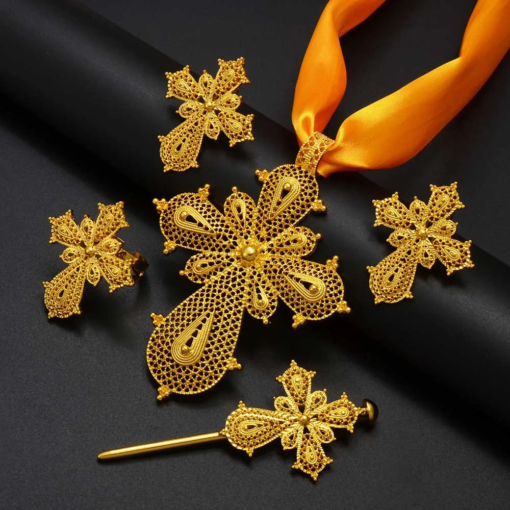Anniyo Ethiopian Cross Jewelry sets Silver/Gold Color Necklaces Earrings Ring Hairpin Eritrean African Ethnic Wedding #313806