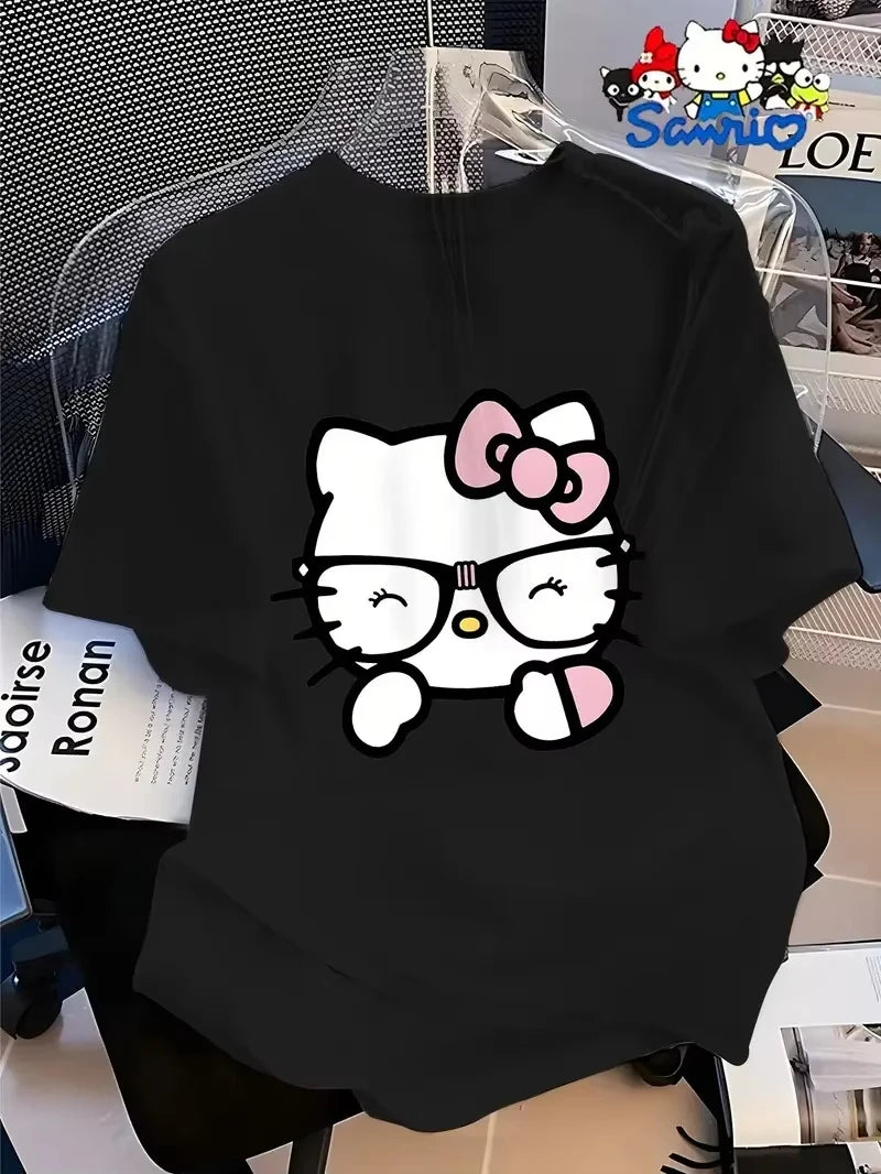 MINISO Cotton T Shirt with Hello Kitty in Glasses Graphic Sweet and Nerdy Style Trendy Printed Brand Cotton T-shirt Short Sleeve