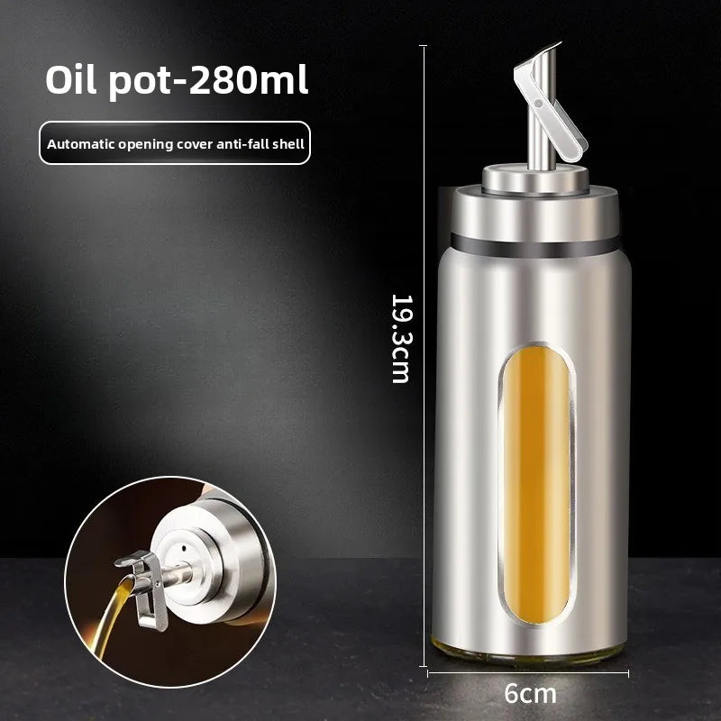 Stainless Steel Glass Oil Dispenser, Auto Open and Close Sauce Vinegar Condiment Bottle, Kitchen Household Oil Can
