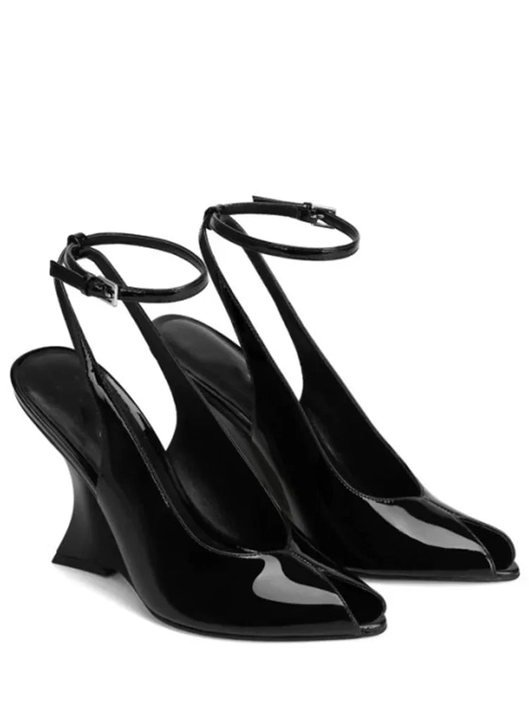 Ladies' Summer Slope Heel Fish Mouth Sandals Thick High Heels Black Comfortable Large Toothed Sandals