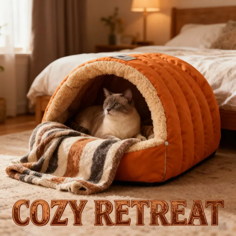 Cat Bed Semi Enclosed Winter Cat and Dog Bed with Leather Edging Windproof and Warm Small Animals in Cold Weather