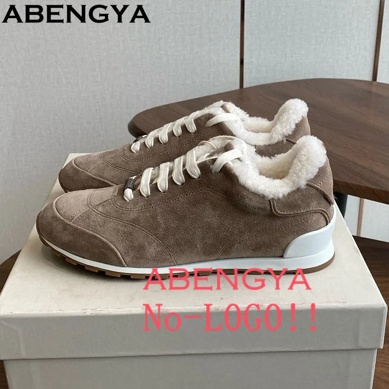 New Winter Wool Sneakers Women Suede Leather Lace Up Flat Casual Shoes For Women Mules Round Toe Bead Walk Fur Shoes Ladies
