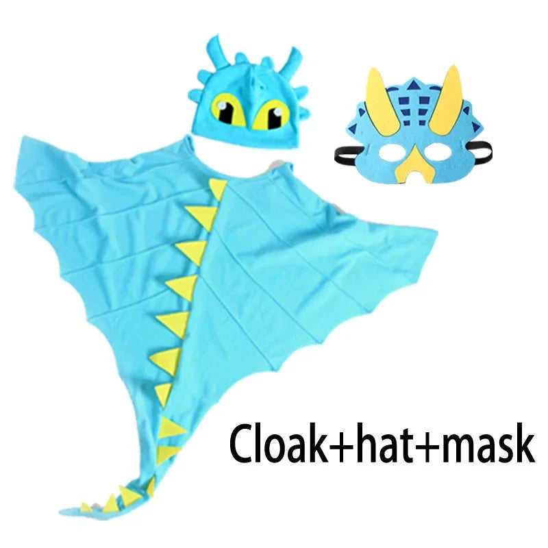 Kids Dragon Cape Costume 3PCS Cloak Hat Mask Set Halloween Carnival Role Play Outfits for Boys Girls School Performance Clothes