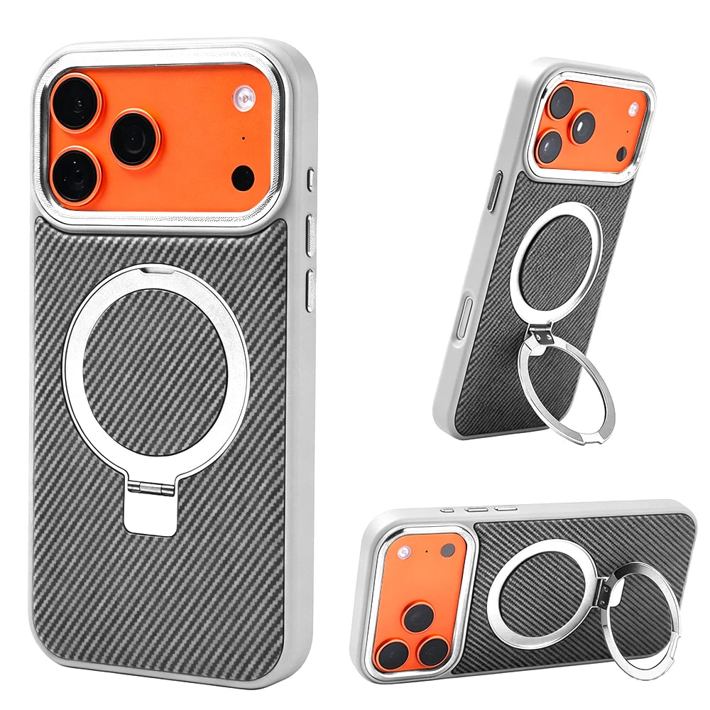Carbon Fiber 360°Rotatable Magnetic Ring Stand Case Support Magnetic Wireless Charging Plating Camera Shockproof Cover For Phone