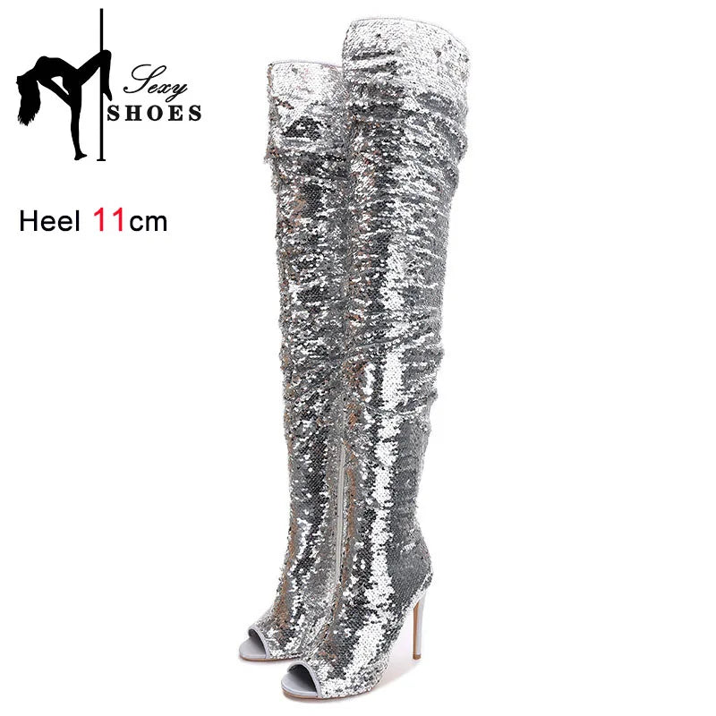 Fashion Wrinkle Women Long Boots Blue Sequined High Heels 11CM Nightclub Queen Peep Toe Shoes Shiny Over The Knee Boots Female